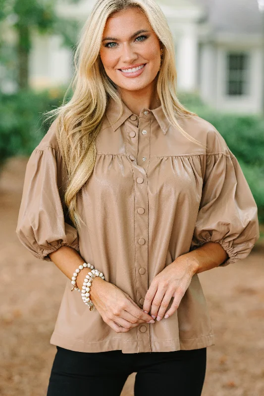 Back In Bold Camel Brown Faux Leather Blouse