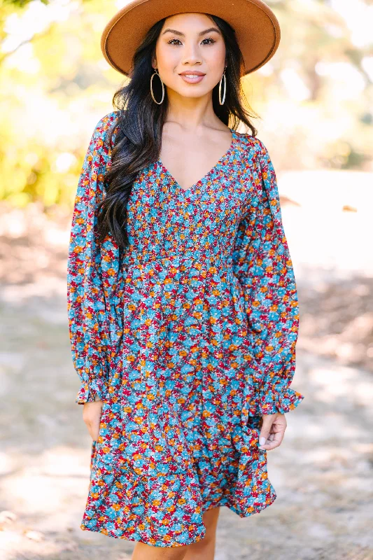 Feels So Right Turquoise Blue Ditsy Floral Dress