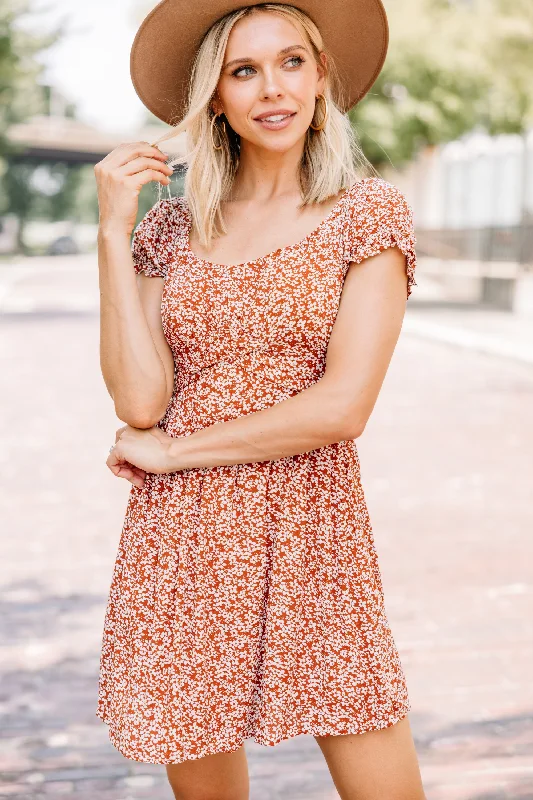 Give Joy Terracotta Red Ditsy Floral Dress