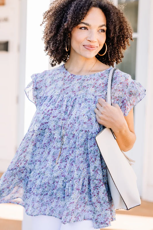 Lose Yourself Blue Ditsy Floral Babydoll Top