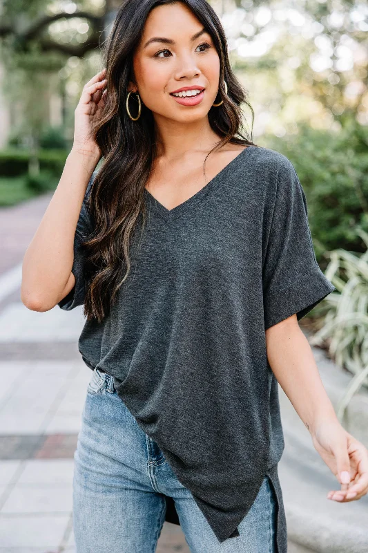 Make Your Life Easy Charcoal Gray V-neck Top