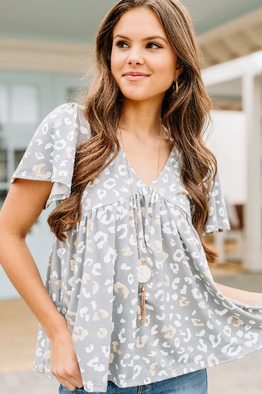 Talk About It Gray Leopard Babydoll Top