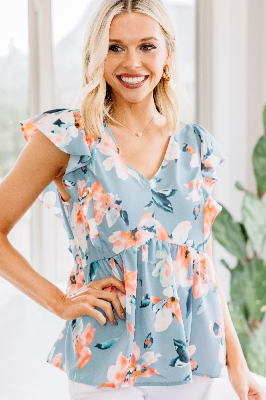 What A Lovely Day Light Blue Floral Blouse