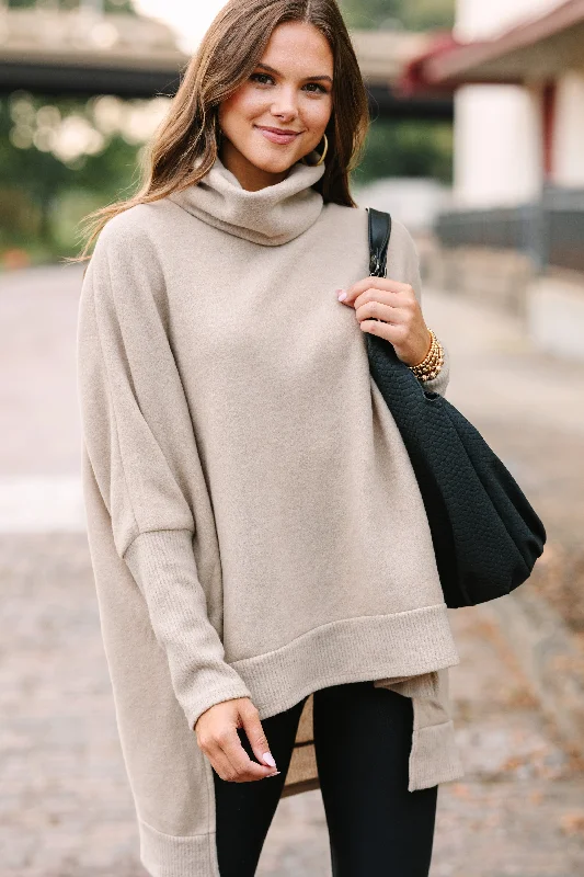 Feeling So Chipper Taupe Brown Cowl Neck Sweater