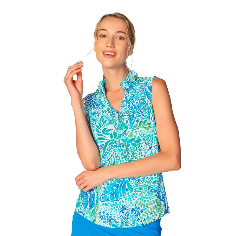 G Lifestyle Starfish Polo Zip Sleeveless Collar Double Ruffle Top - Bright Peri