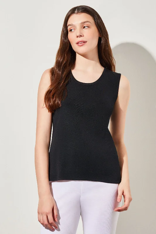 Mid-Length Scoop Neck Knit Tank, Black