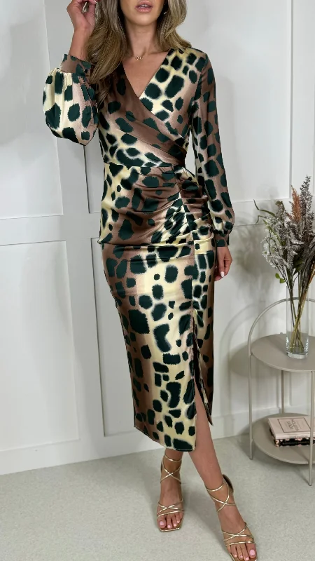 Abbey Beige & Green Leopard Print Ruched Midi Dress