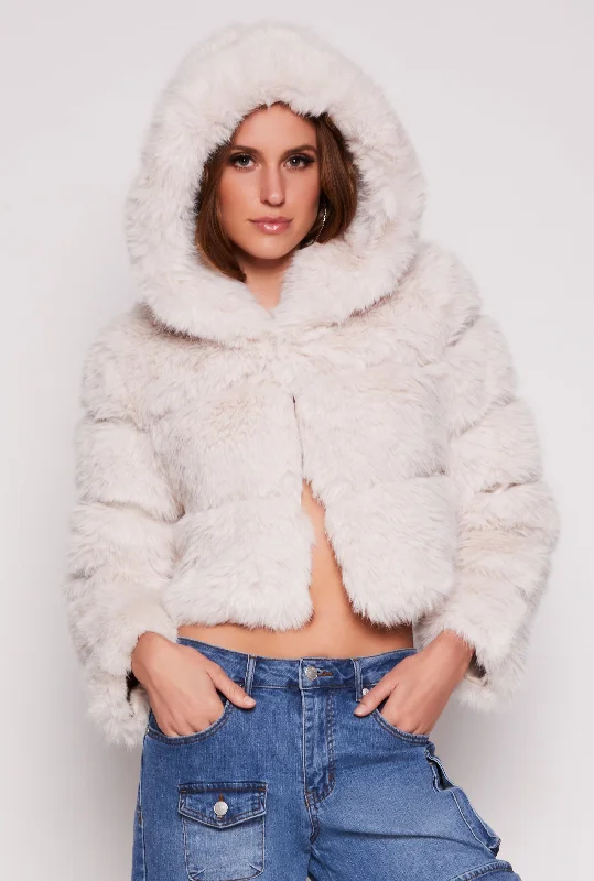 Faux Fur Hooded Cropped Jacket