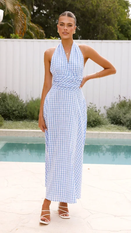 Brydie Halter Maxi Dress - Gingham Light Blue