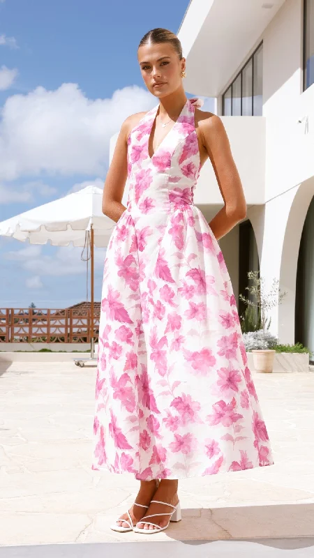 Bryony Halter Neck Maxi Dress - Pink Floral