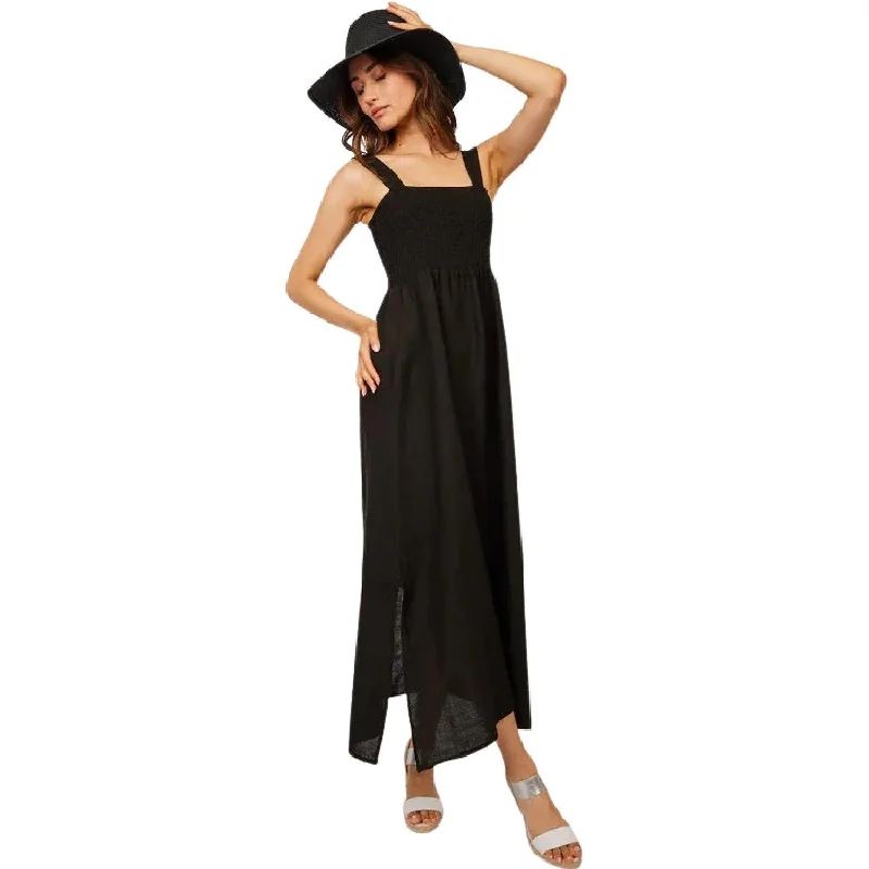 Maxi Linen Bunched Top Sleeveless Dress (Black)