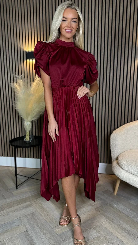 Cressida Burgundy High Neck Puff Sleeve Pleated Midi Dress