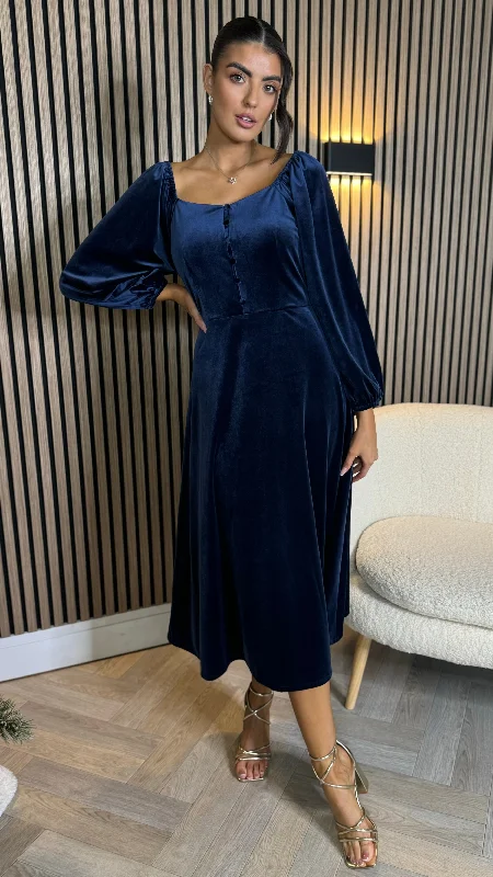 Darcy Navy Puff Sleeve Velvet Midi Dress