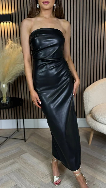 Drea Black Leather Look Ruched Bandeau Midi Dress