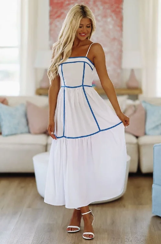 Happiest in the Hamptons Midi Dress - White and Blue