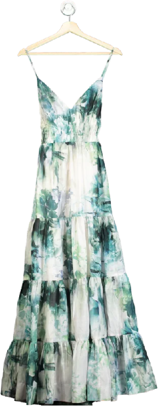 Karen Millen Blue Watercolour Cotton Plunge Strappy Woven Maxi Dress UK 8