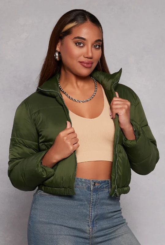 Nylon Zip Front Cropped Puffer Jacket