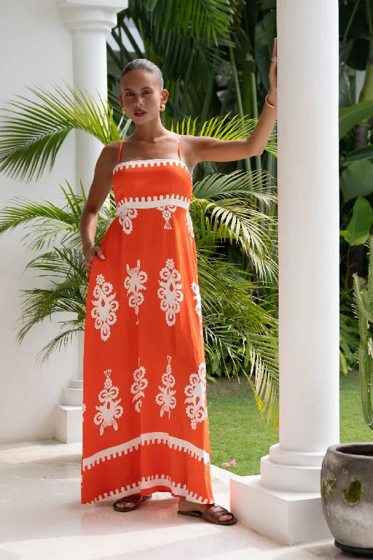 Levana Orange Abstract Flared Maxi Dress