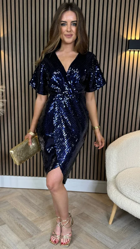 Marianna Navy Sequin Wrap Detail Midi Dress