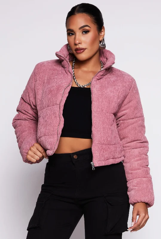 Corduroy Drawstring Hem Puffer Jacket