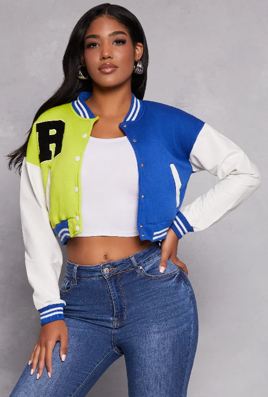 R Initial Chenille Patch Color Block Varsity Jacket