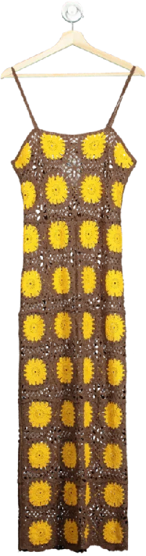 NA-KD Brown/Yellow Crochet Knitted Thin Strap Maxi Dress UK S/M