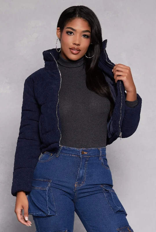 Corduroy Drawstring Hem Puffer Jacket