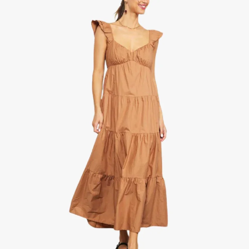 Poplin Ruffle Sleeve Maxi Dress (Tuscan Tan)