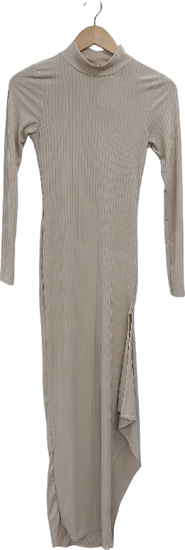 PrettyLittleThing Beige Side Split Ribbed Maxi Dress UK 6