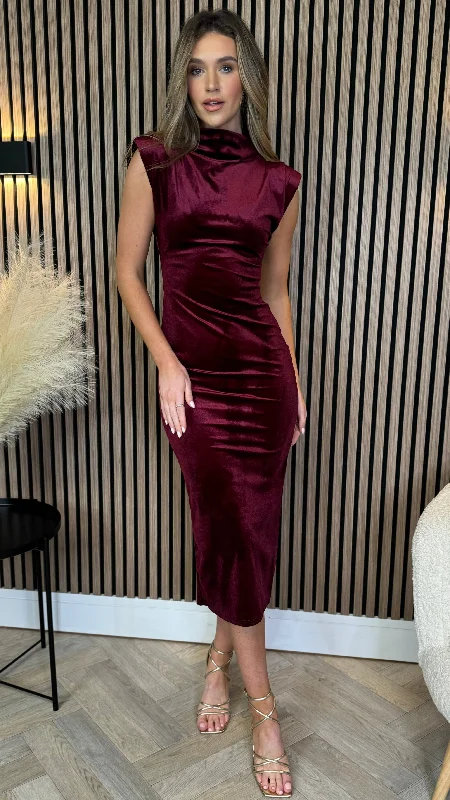 Rosalia Burgundy High Neck Velvet Finish Sleeveless Midi Dress