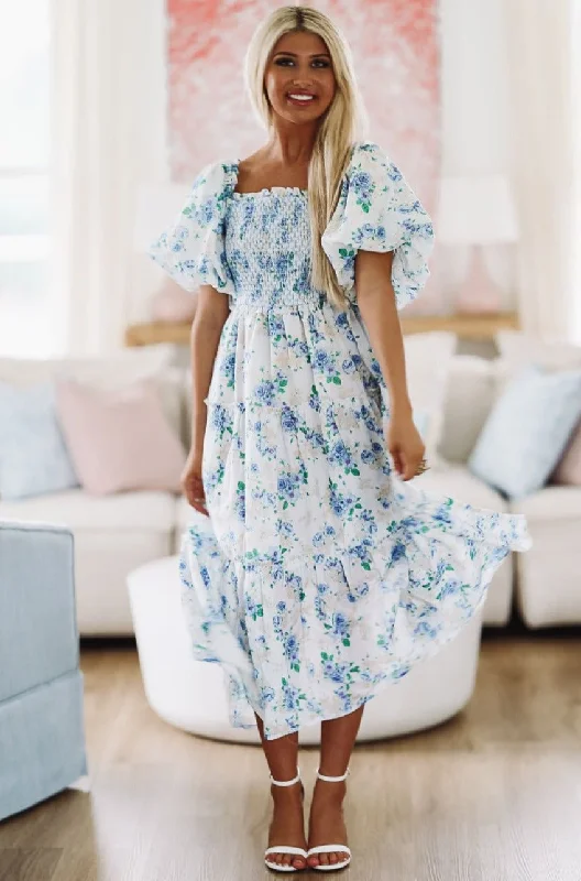 Sunday Morning Floral Midi Dress - Blue and White