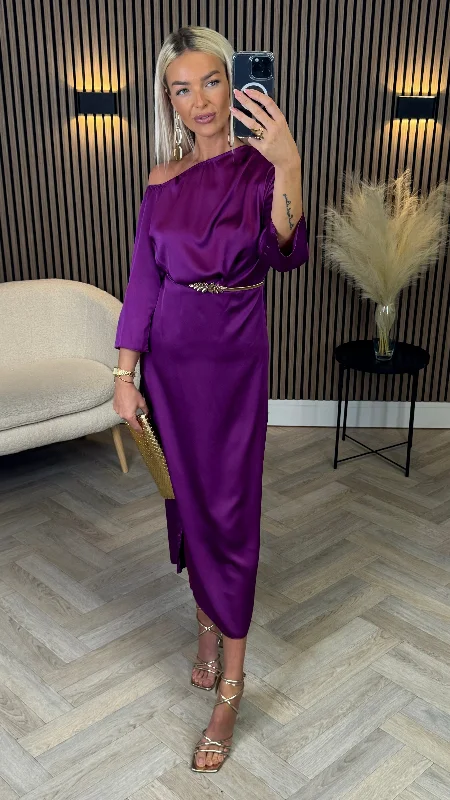 Tamera Purple Off The Shoulder Long Sleeved Ruched Midi Dress