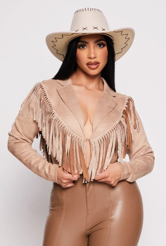 Faux Suede Rhinestone Fringe Cropped Jacket