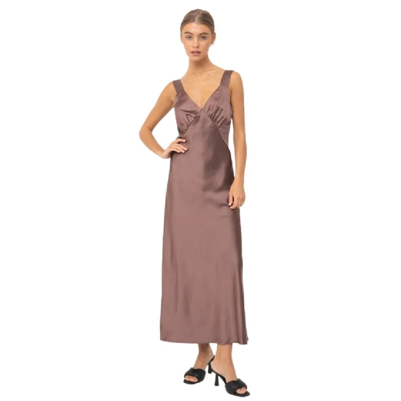 V Neck Sleeveless Satin Maxi Dress (Mocha)