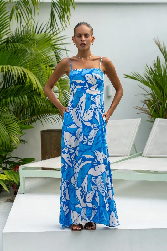 Vale Blue Tropical Flared Maxi Dress