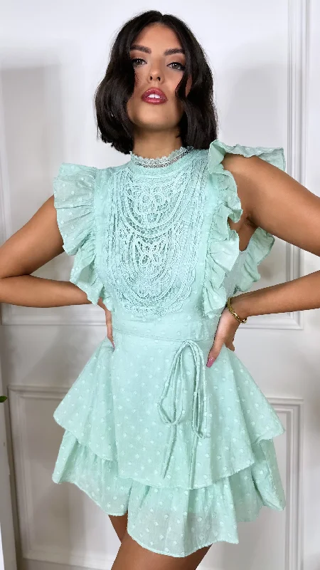 Myka Light Green Crochet & Frill Detail Playsuit