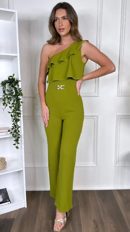 Sephora Green One Shoulder Ruffle Detail Jumpsuit