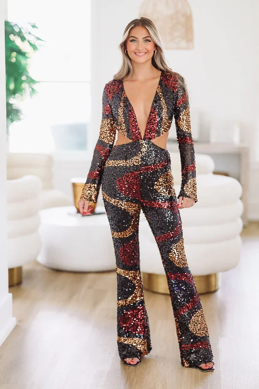 Vegas Swirl Sequin Jumpsuit - Black Multi